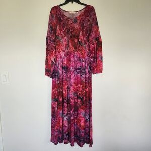 Soft Surroundings Dress Beunissima Radiant Red Purple Pink Floral Smocked Maxi L